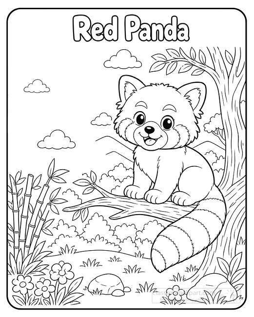 Smiling red panda sitting on a tree branch with a striped tail near bamboo flowers bushes and rocks