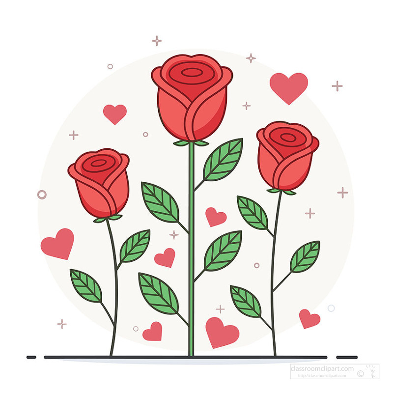 red roses surrounded by hearts representing love and romance