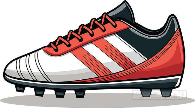 Red soccer cleat with white panels black trim laces and black studs shown in side view
