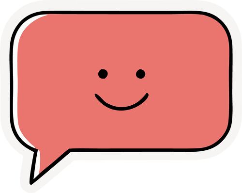 Red square speech bubble with a simple smiley face conveying joy and positivit