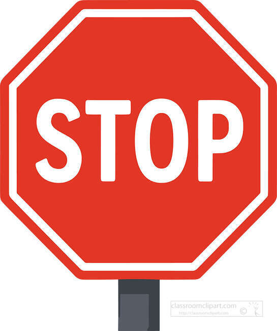 Red octagon stop sign with white letters white border and a gray post