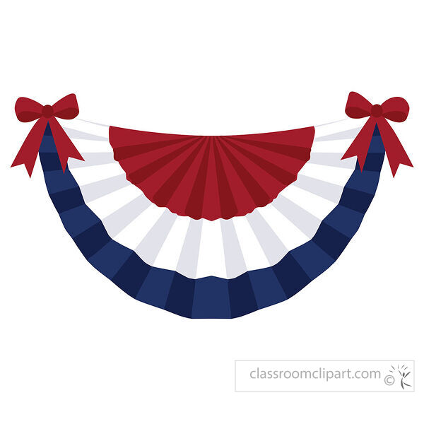 Red white and blue pleated bunting draped in a curve with dark red ribbon bows at both upper corners