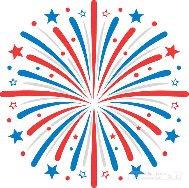 Single red white and blue firework burst with stars and dots for patriotic celebration content