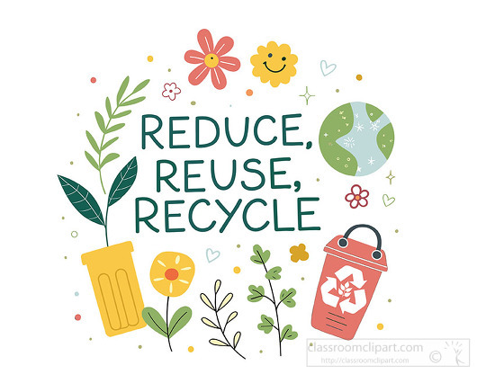 A cheerful reduce reuse recycle poster with flowers globe and bin created for environmental awareness and green lifestyle messaging