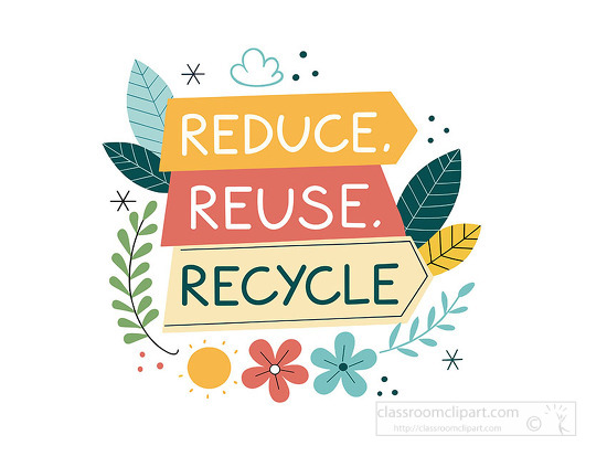 Decorative eco sign with reduce reuse recycle text flowers and leaves for sustainability posters classroom decor and earth day use