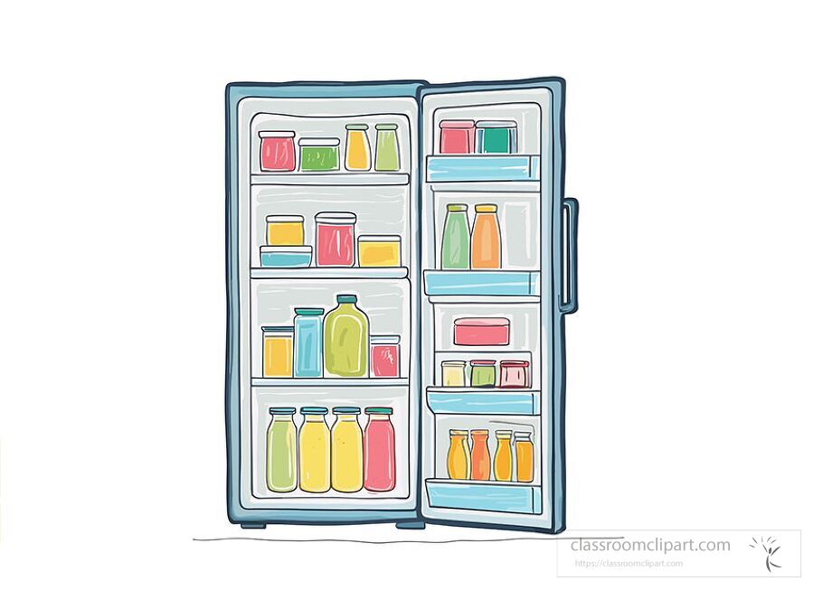 Clipart illustration of an open refrigerator stocked with bottles jars and various food items