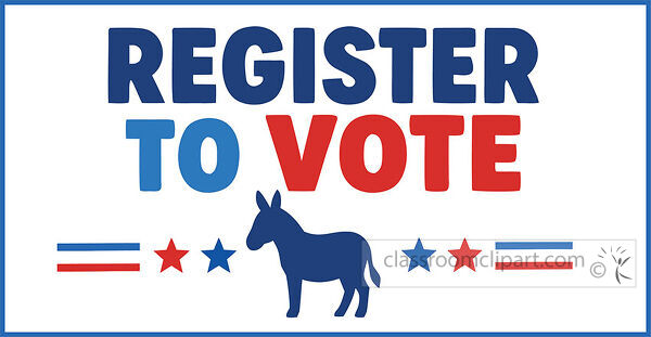 Register To Vote sign with blue donkey silhouette red and blue stars and patriotic stripe accents