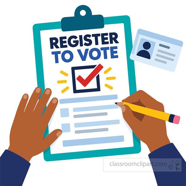 Hands filling out a register to vote clipboard form with pencil ID card and red check mark