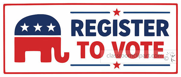 Register To Vote sign with a red Republican elephant blue top section white stars and red blue patriotic accents