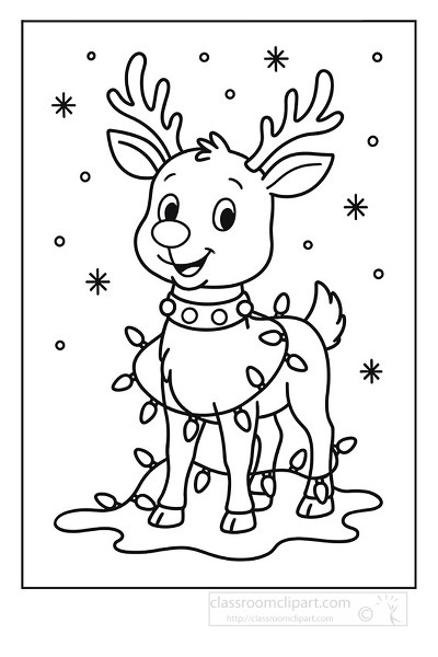 Cute reindeer wrapped in christmas lights standing in the snow with stars falling around ready to color