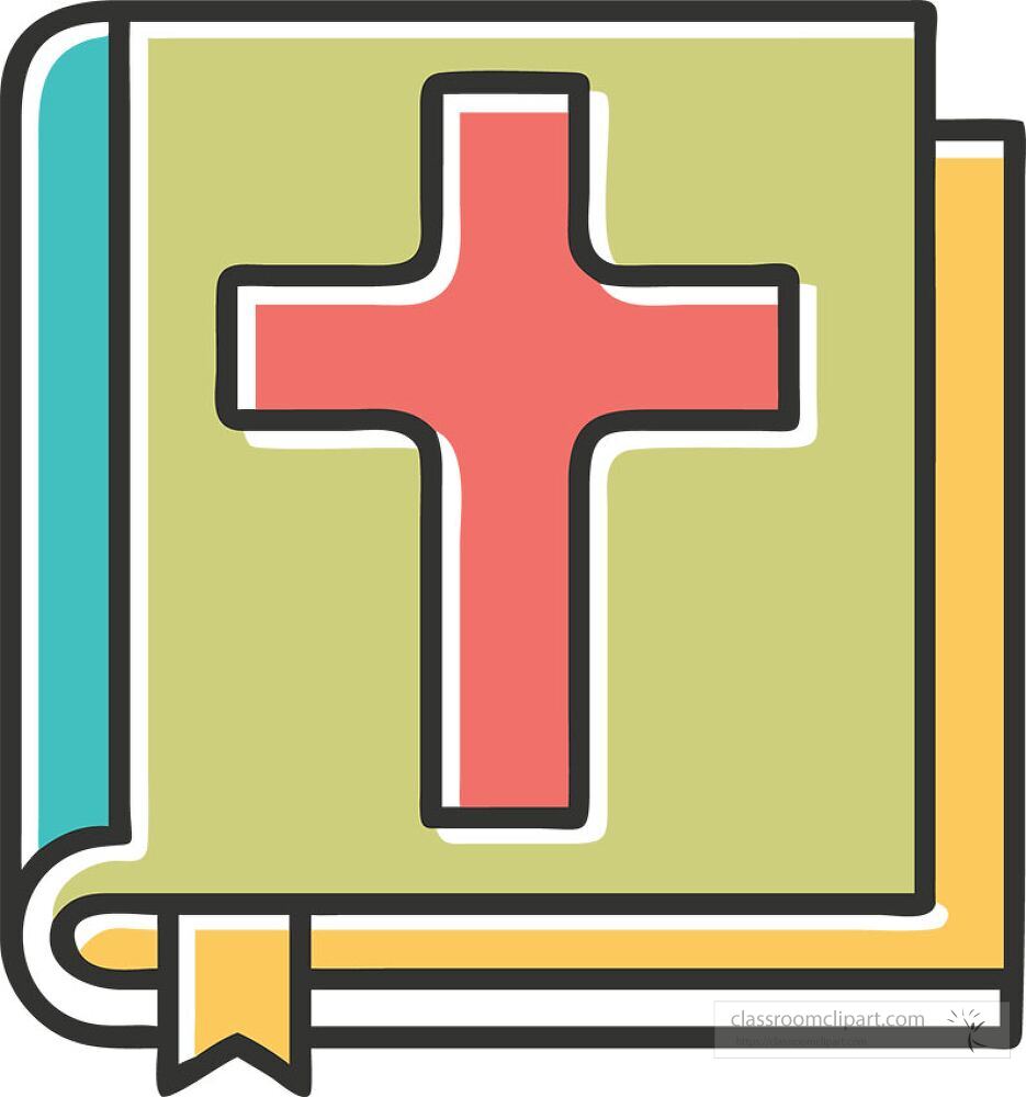 A clip art representation of a book featuring a prominent cross design on its cover The book has colorful elements suggesting themes of faith and spirituality