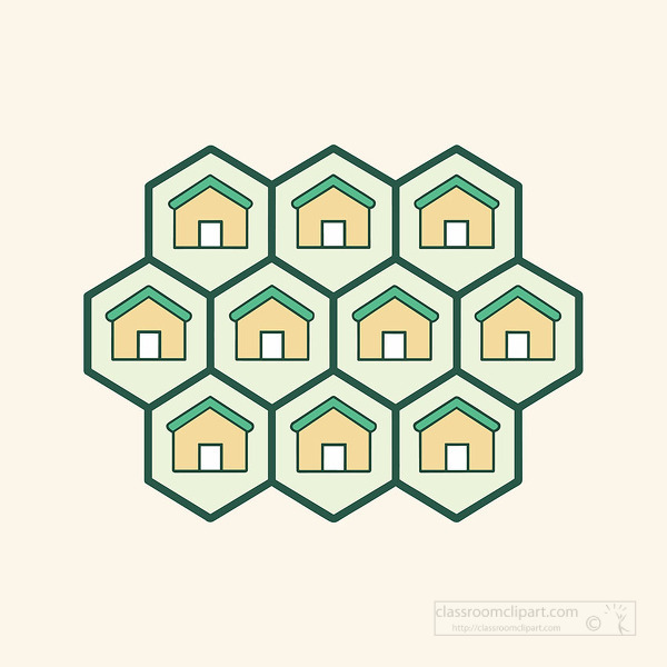 Minimal design showing a cluster of tiny houses arranged in a honeycomb style neighborhood layout inside green hexagons