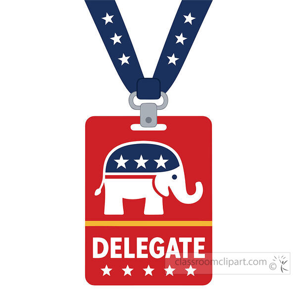 Red delegate badge with Republican elephant symbol white stars and a navy star patterned lanyard
