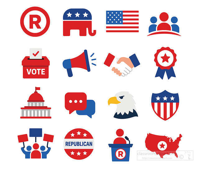 Republican election icons with elephant flag vote box megaphone handshake capitol eagle podium and USA map