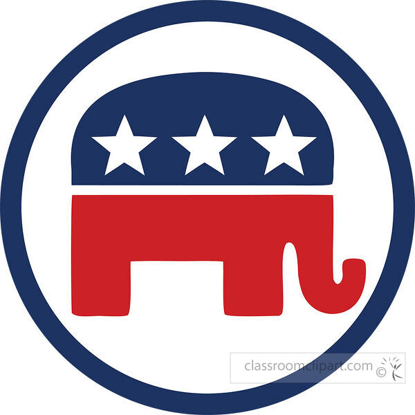 Red Republican elephant inside a navy circular border with three white stars across the top