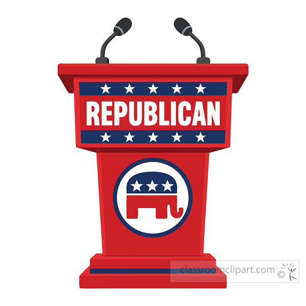 Red Republican podium with two microphones white stars and a circular elephant emblem on the front