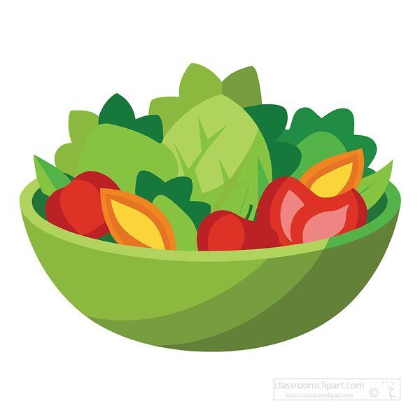 colorful vector illustration of a fresh green salad bowl with lettuce, tomato, and leafy vegetables