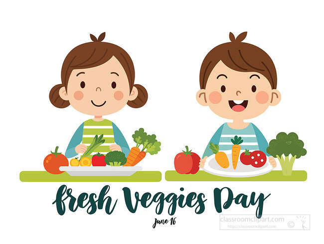 Fresh Veggies Day design with two smiling kids holding plates of colorful vegetables