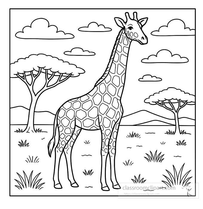 reticulated giraffe in the african savanna surrounded by trees and clouds a fun coloring page for kids
