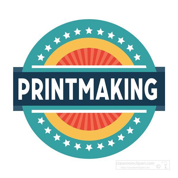 Vintage style circular logo with bold printmaking text stars and sunburst design for creative branding