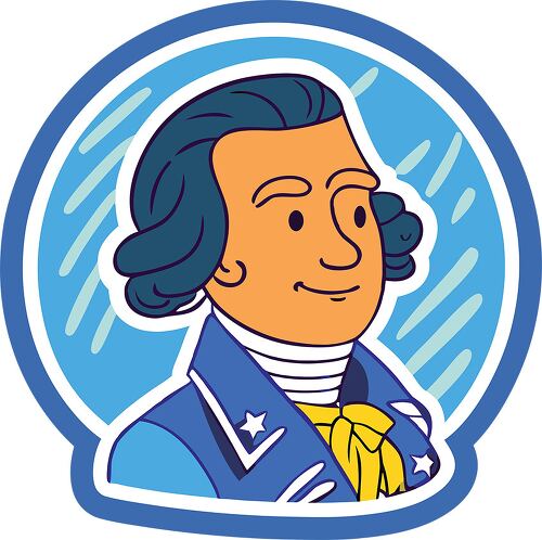 A digital illustration of a historical figure in a blue Revolutionary War uniform with a yellow necktie on a round sticker