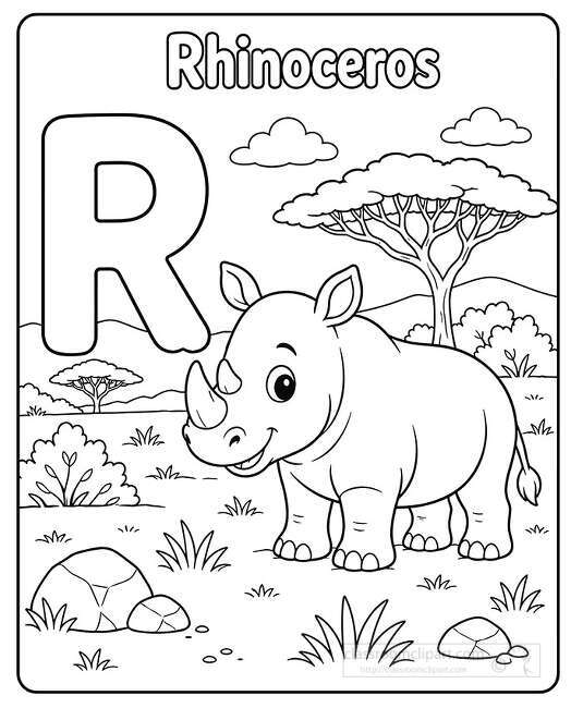 Smiling rhinoceros standing in a savanna scene with a large letter R acacia trees clouds rocks and grass