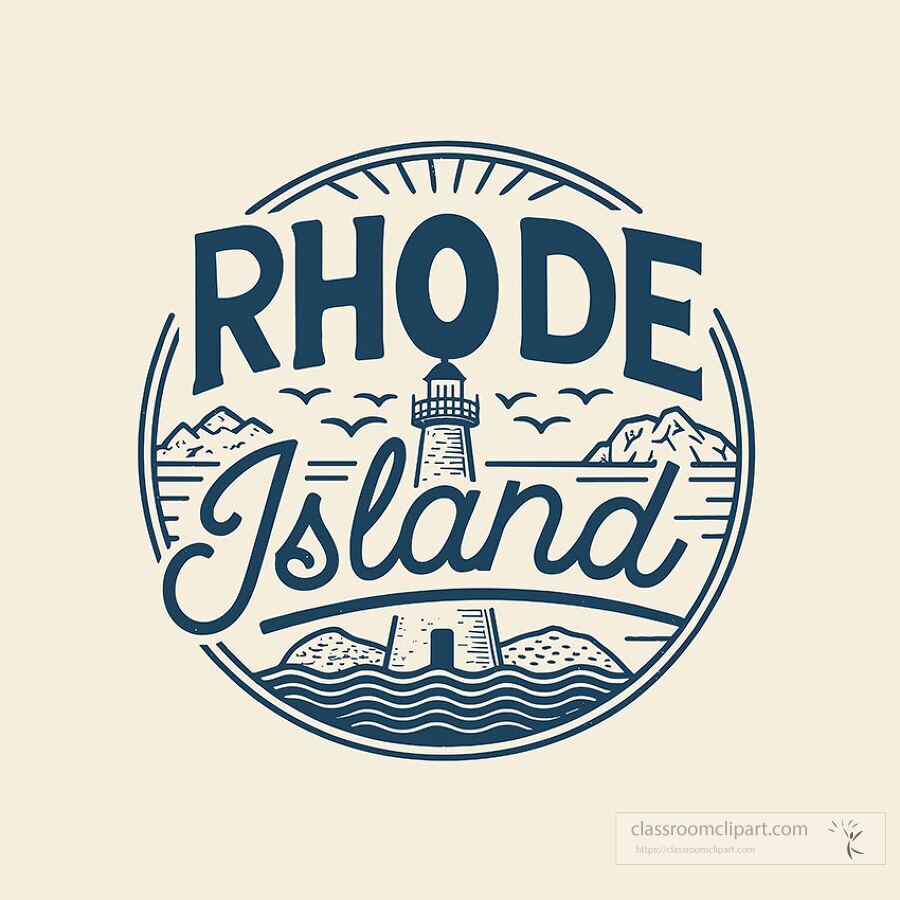 intage style Rhode Island state name logo featuring lighthouse ocean scenery and birds