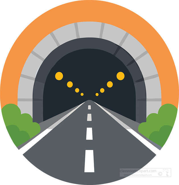 Road leading into a dark tunnel with yellow lights gray stone arch and green bushes