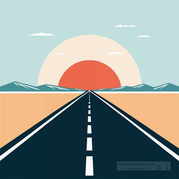 scenic illustration of a long straight road stretching toward distant mountains with a large sunset on the horizon and a clear sky above