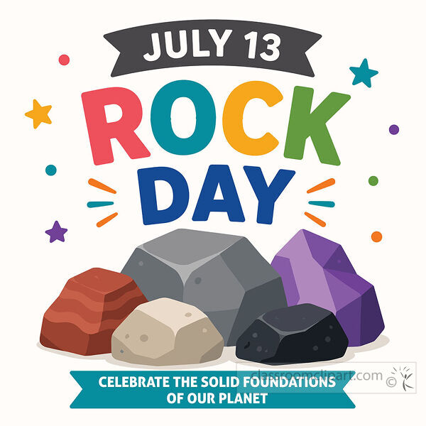 A bold Rock Day clipart image with colorful stones large lettering stars dots and a planet foundations message