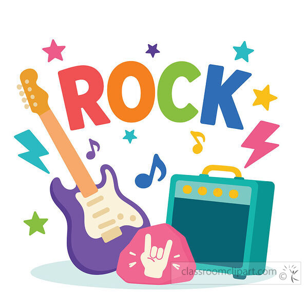 A lively rock music clipart image with a purple electric guitar amplifier notes stars lightning bolts and rock text