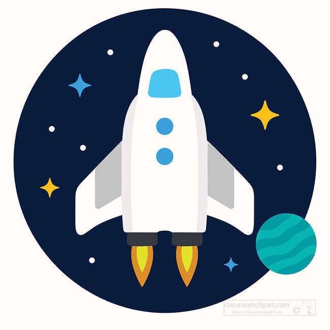 Rocket launching through space with yellow flames teal planet stars and dark blue circular background