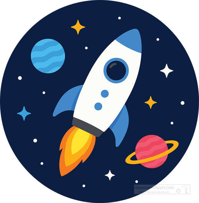 Rocket launching through space with orange flame planets stars and dark blue circular background