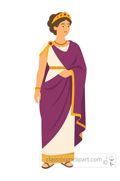 Roman woman wearing a crown white dress purple robe gold trim and sandals