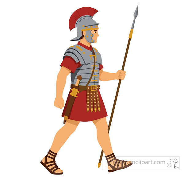 Roman soldier wearing gray armor red tunic crested helmet sandals and holding a spear