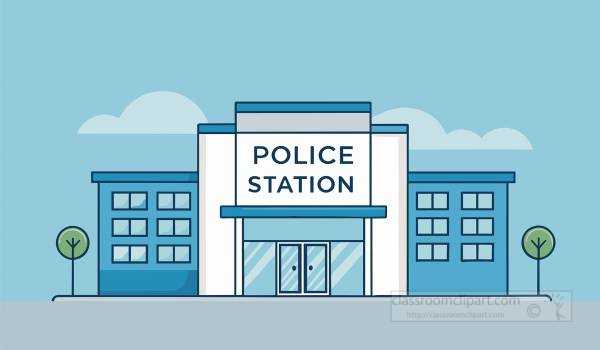 modern police station with large entrance windows and surrounding trees