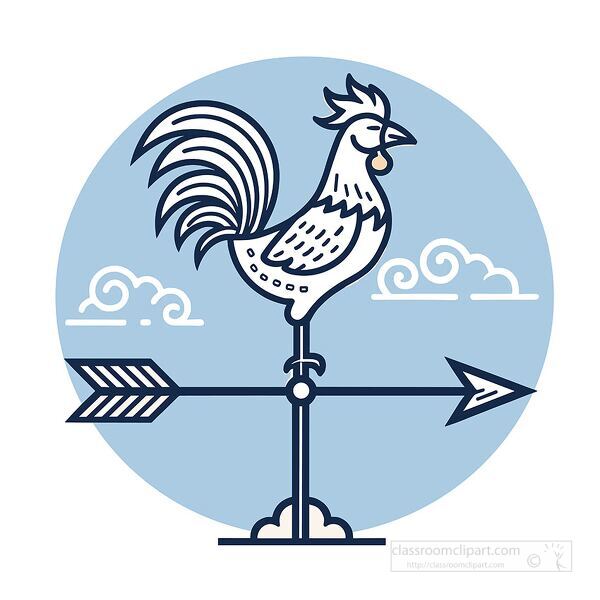 vector design showing a rooster on a weather vane, with clouds in a light blue circular background