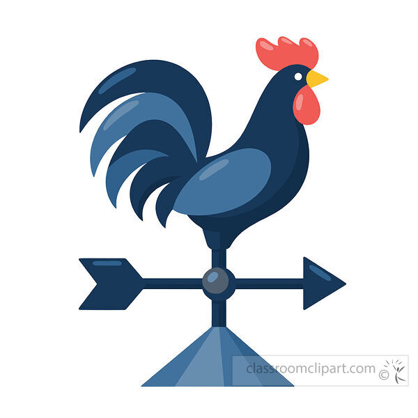 Blue rooster weather vane with red comb and directional arrow on a simple stand