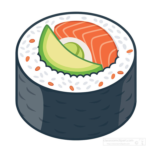 A round sushi roll with salmon avocado rice and seaweed offers a clean food icon for restaurant menus lessons and labels