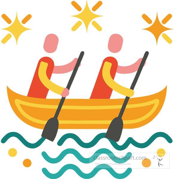 Two individuals are rowing in a bright and simple design style