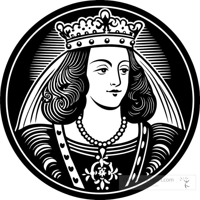 detailed black and white portrait of a queen wearing a jeweled crown and royal attire suitable for historical royalty and european monarch visual