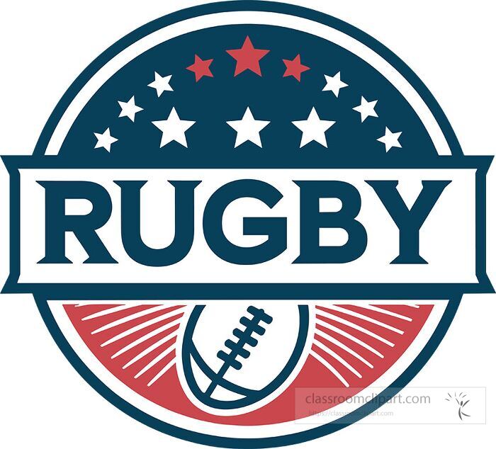 Flat vector design of a rugby logo badge featuring a rugby ball with stars and bold typography suitable for teams leagues and sports promotion