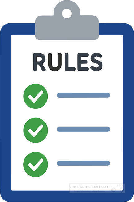 Clipboard with Rules text three green check marks and gray checklist lines