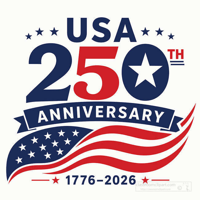 USA 250 anniversary lettering with large red and blue numbers stars banner waving flag and 1776 2026 dates
