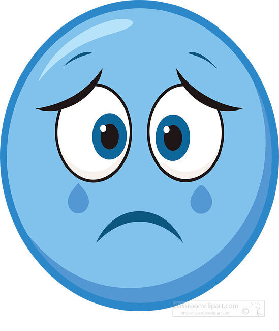Blue sad emoji with large worried eyes two tears curved eyebrows and a downturned mouth