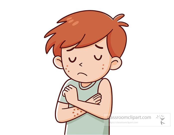 A worried cartoon boy with visible skin rash, perfect for health education dermatology topics and medical illustrations