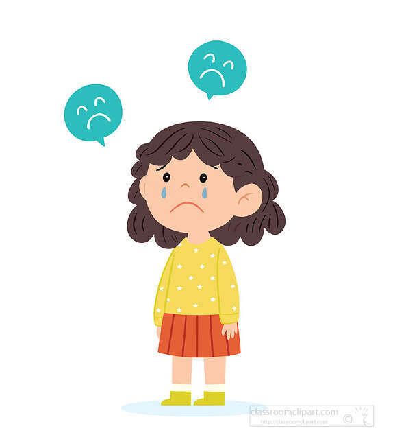 Sad girl crying with unhappy face speech bubbles above her on a white background