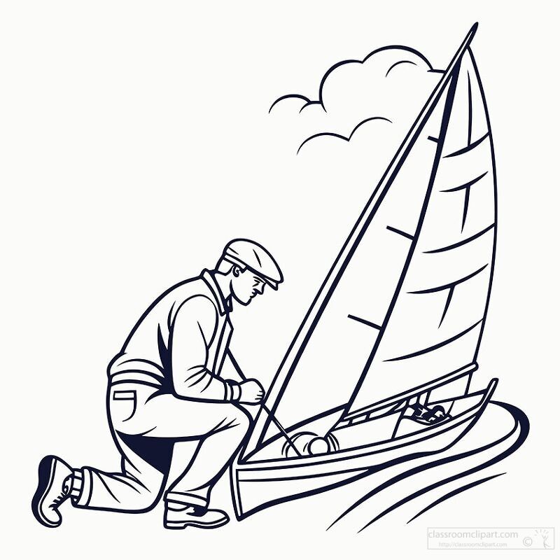 A sailor kneels by a classic sailboat adjusting rigging under a bright sky The tranquil water reflects his focused expressions as he prepares for a delightful outing