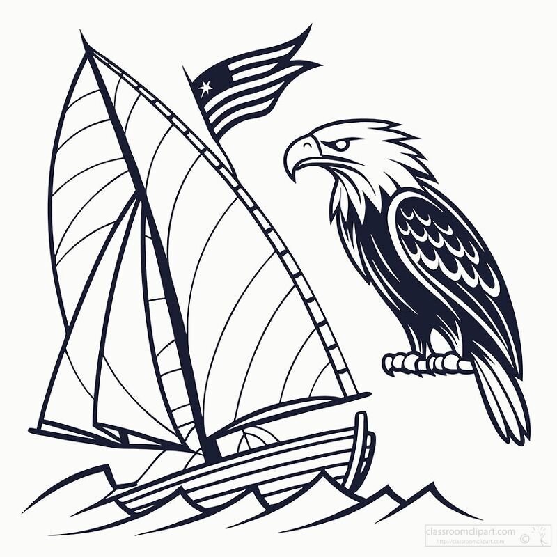 A majestic eagle perches on a rock its gaze fixed on a sailboat navigating the waves The scene captures a harmonious balance of nature and adventure under a clear sky