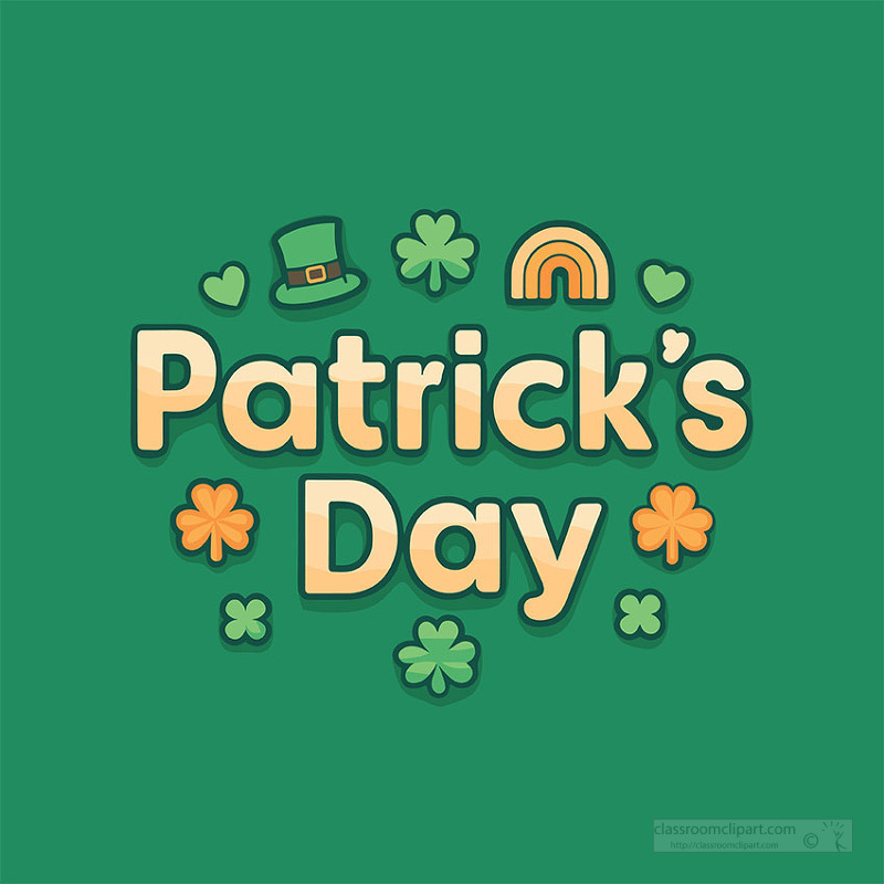 Colorful saint patricks day text design with shamrocks rainbow and festive icons